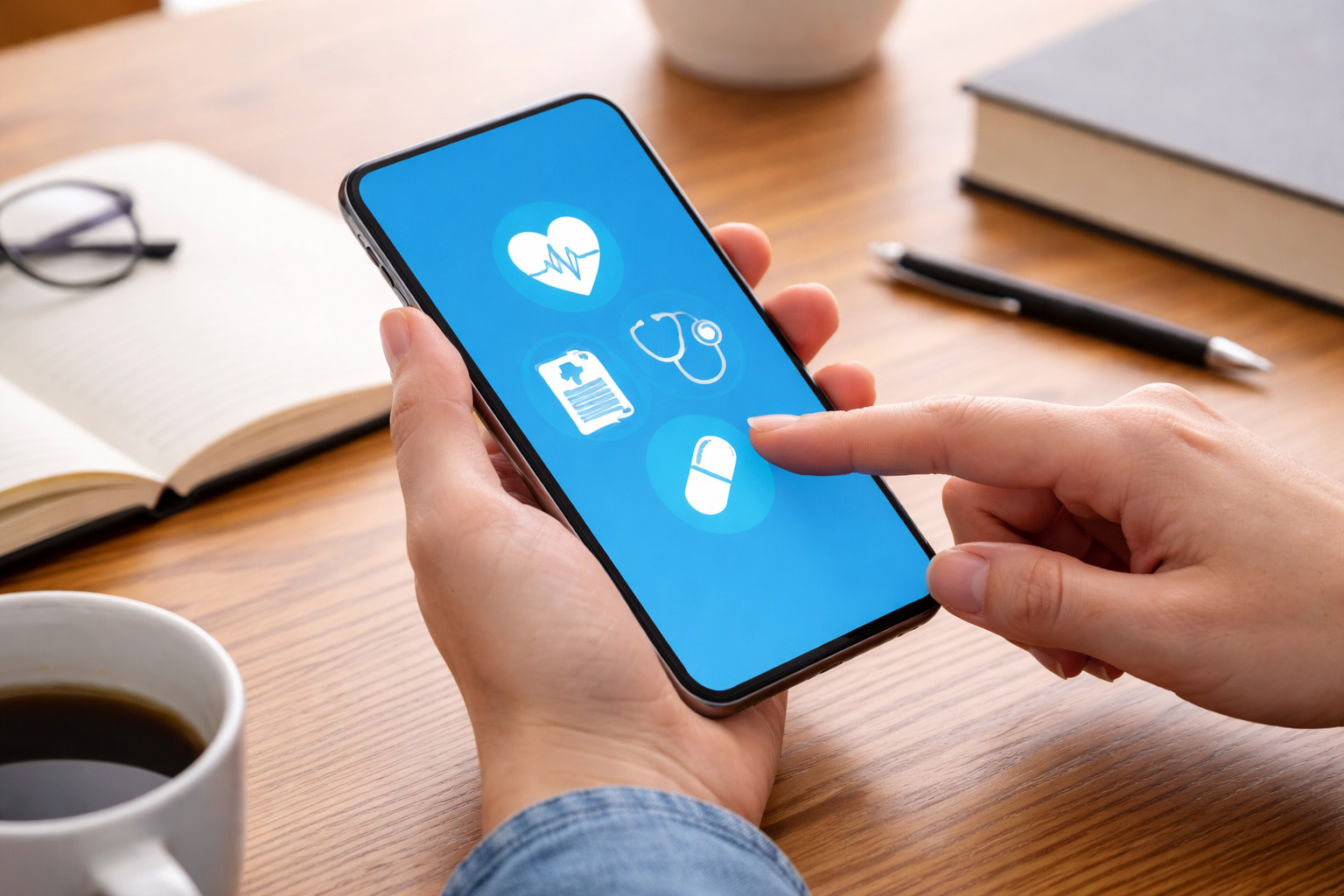 A person using a healthcare mobile app on a smartphone, displaying icons for heart rate monitoring, medical records, stethoscope, and medication — representing digital health management at your fingertips.