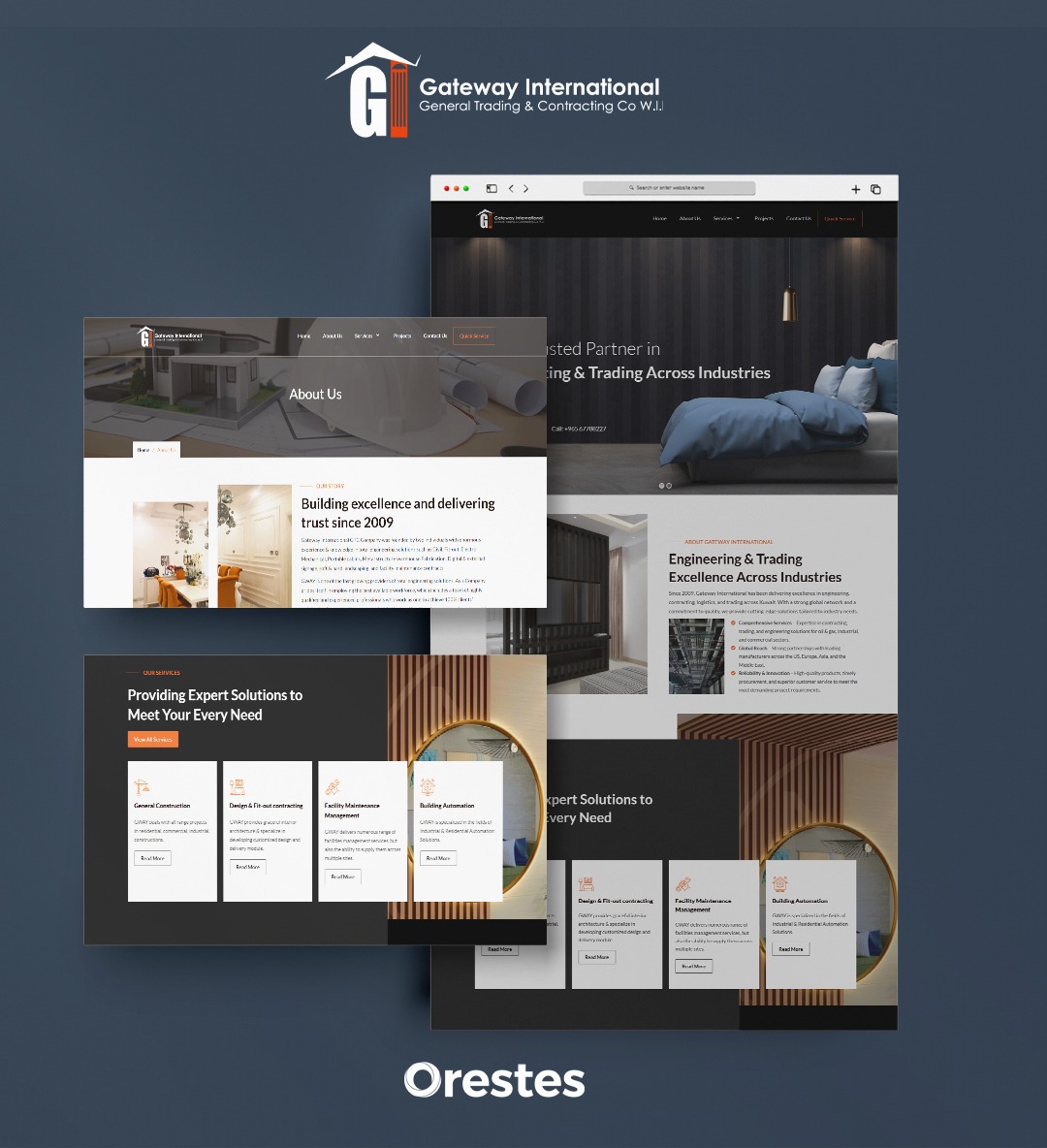 Isometric multi-layered website design mockup showcasing desktop, tablet, and mobile user interface layouts on a minimal dark background.