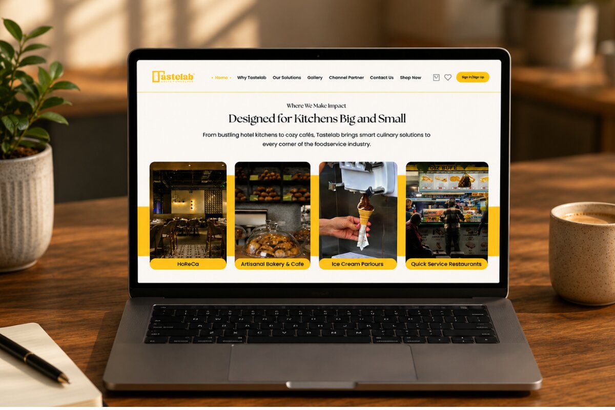Laptop showing the Tastelab website, featuring culinary solutions for diverse food service kitchens.