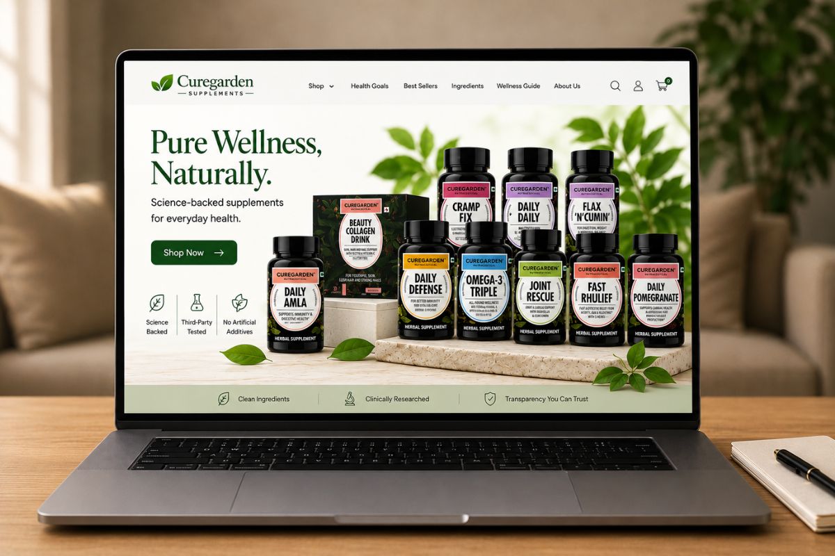 Tablet displaying the Curegarden Wellness featured categories and a "Breathe Easy, Move Freely" lung health supplement promotion.