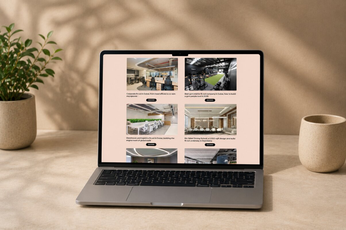 Laptop displaying the WhiteMonde interior design blog featuring commercial office fit-out projects and interior design articles.