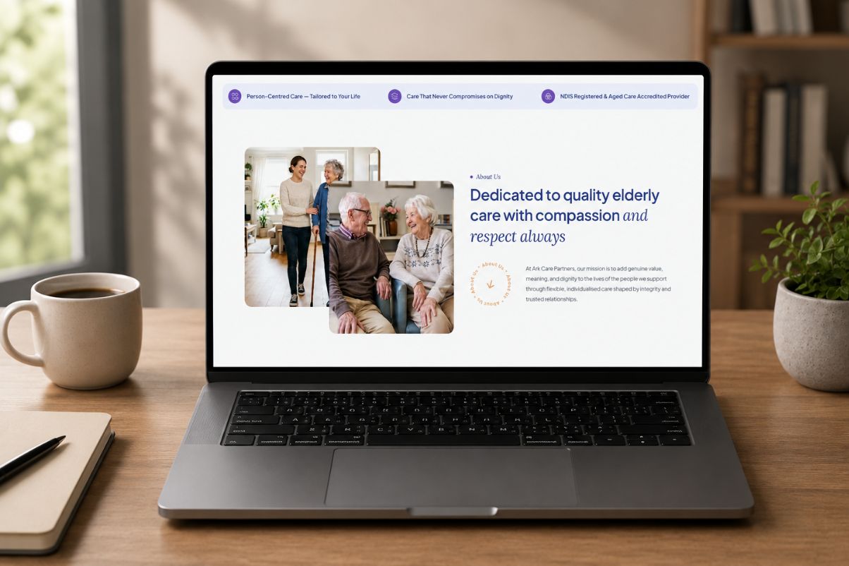 Laptop displaying an About Us page for a senior care website featuring compassionate elderly care, experienced caregivers, and responsive website design.