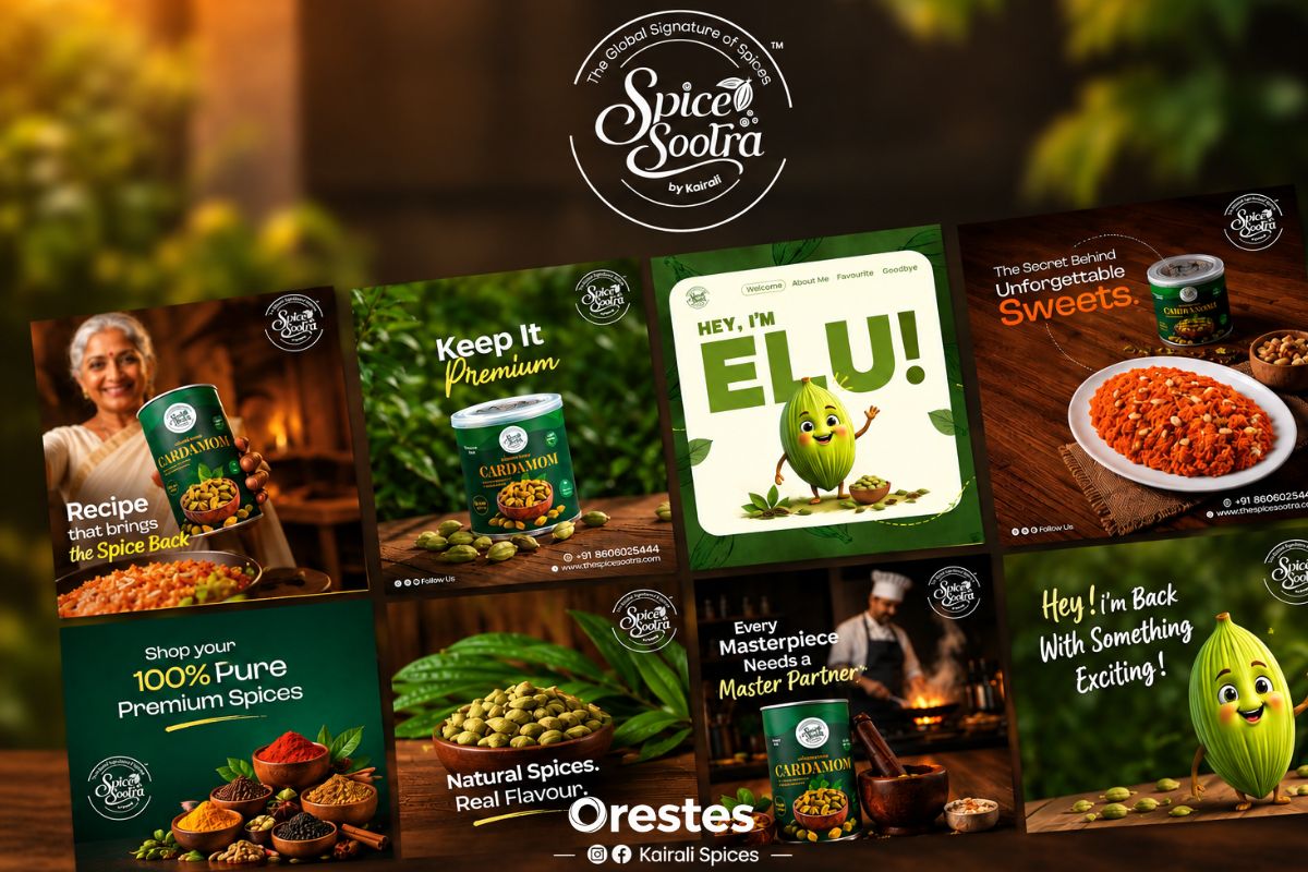 Spice Sootra premium spices social media campaign featuring cardamom products and creative promotional designs