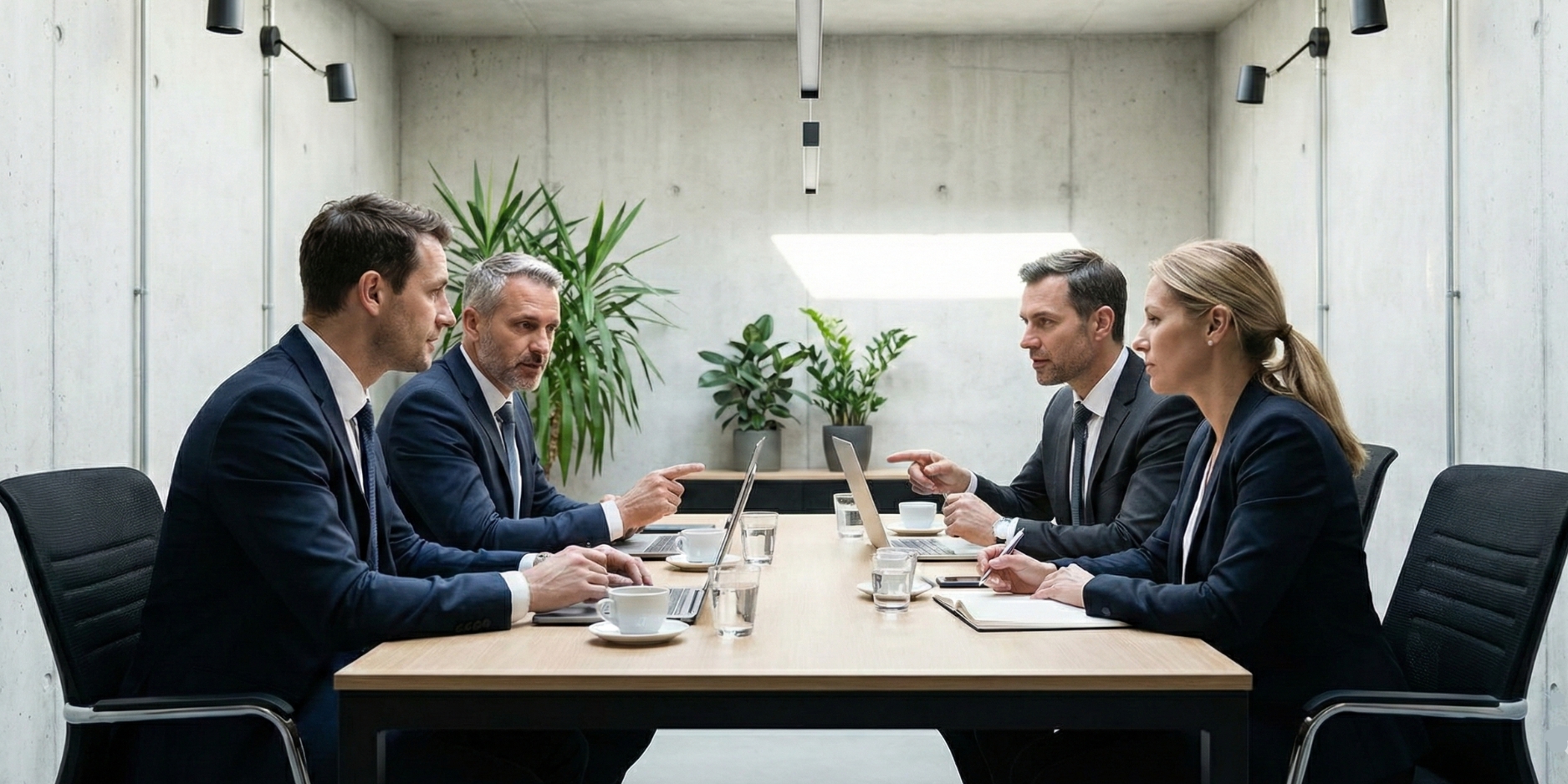 A professional business meeting in a modern office, with four executives discussing across a conference table in a clean, minimalist setting.