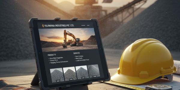 Vilamana Industries products shown on tablet at construction site.
