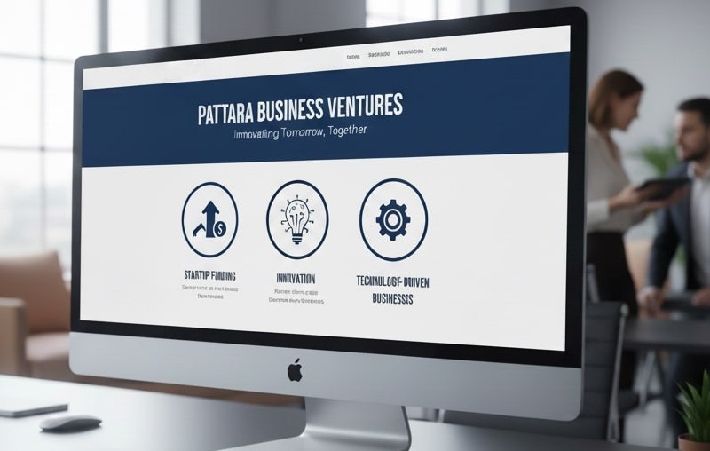 Pattara Business Ventures corporate website displayed on a desktop monitor in a modern office workspace.