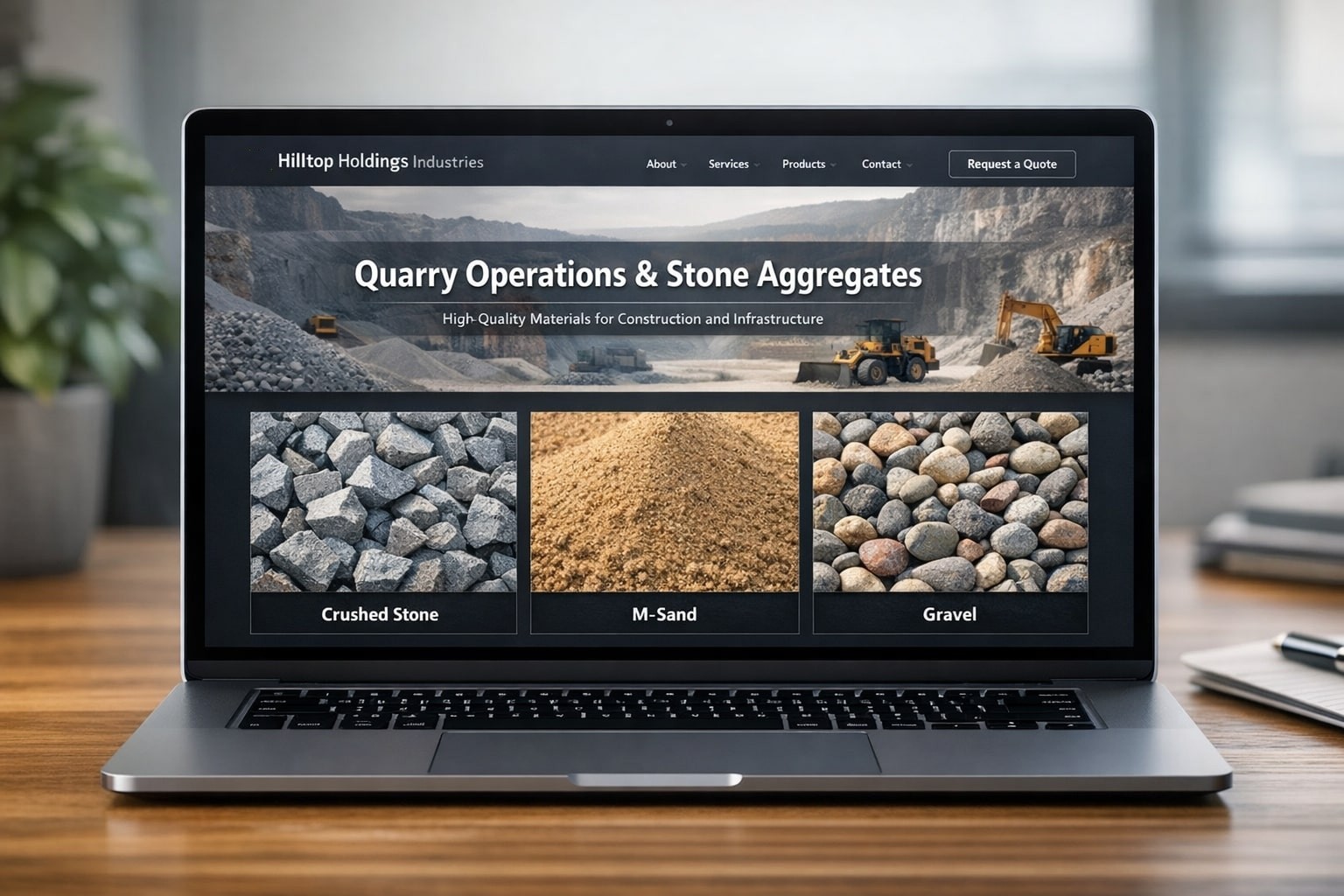 Quarry operations and stone aggregates website page showcasing crushed stone, M-sand, and gravel products