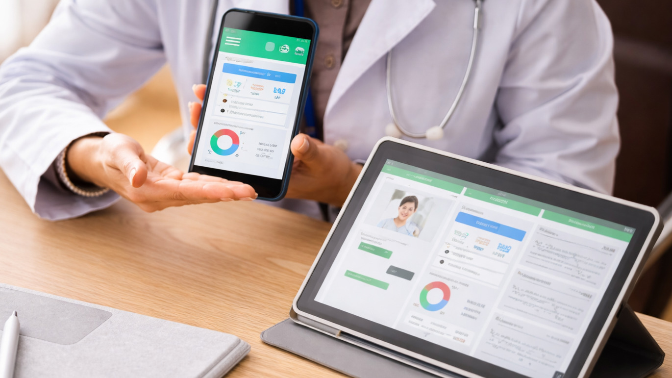A doctor presenting a patient health dashboard on a smartphone and tablet, showcasing a digital medical records interface with charts, diagnostics, and health analytics for modern clinical care.