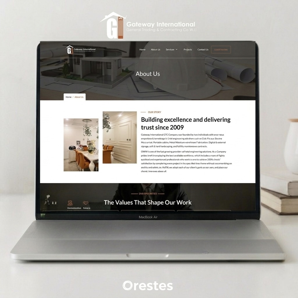 Desktop iMac monitor mockup showcasing a modern minimalist corporate website layout on a clean wooden desk setup.