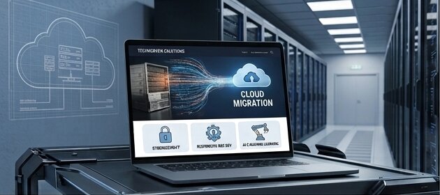 Laptop in a server room displaying a cloud migration services website designed by a web company in Kerala