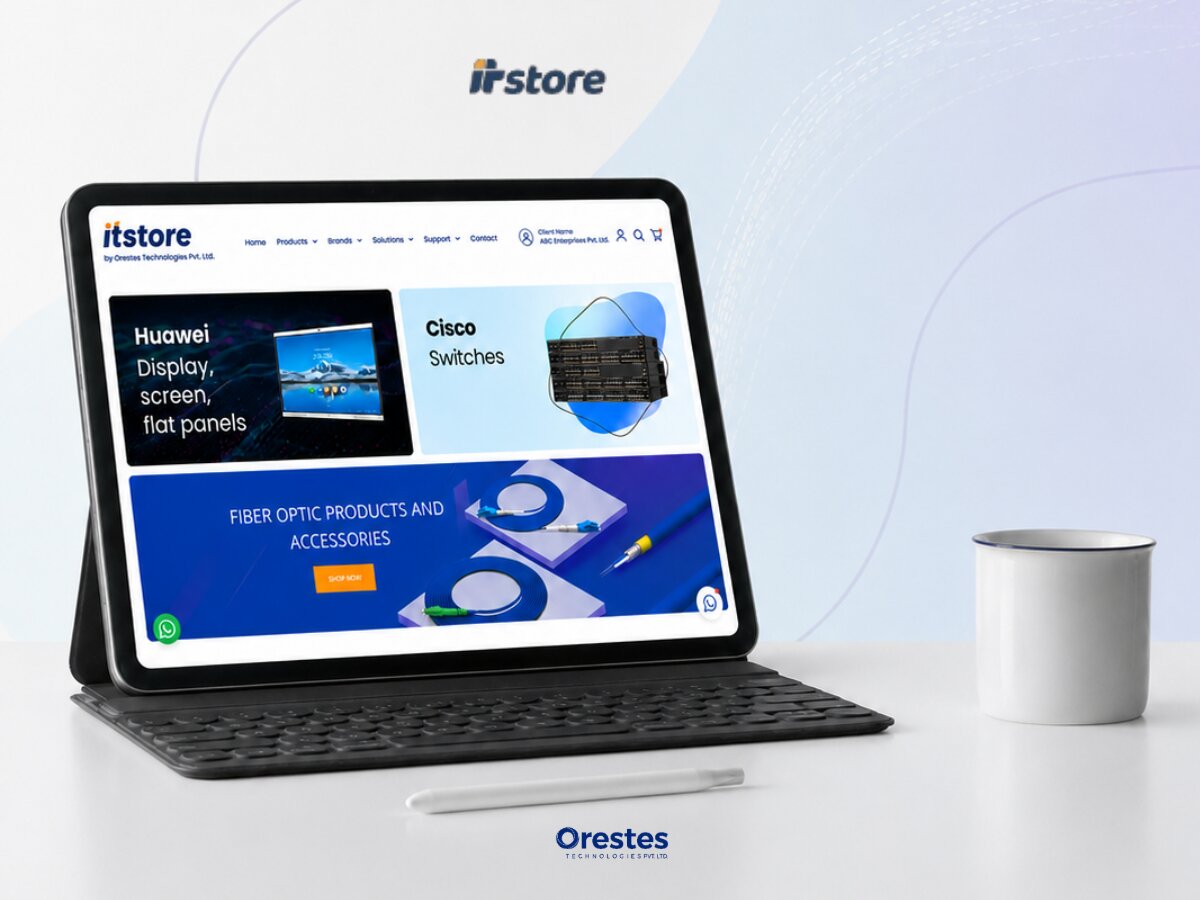A professional tablet setup on a white desk with a stylus and a cup, highlighting the ITStore e-commerce layout for fiber optic products and accessories.