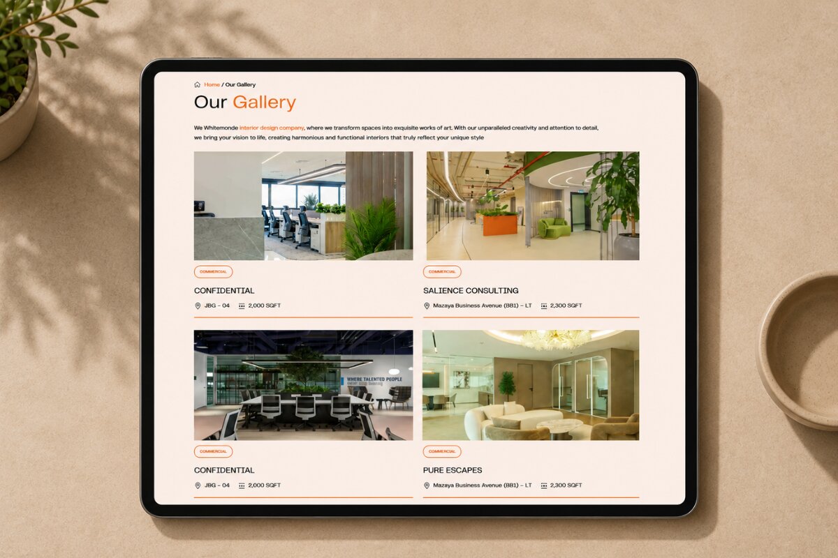 Tablet displaying the WhiteMonde project gallery featuring commercial office interiors, workspace designs, and completed fit-out projects.