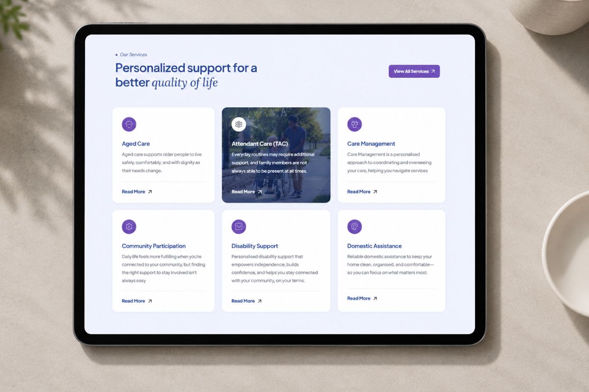 Tablet displaying a responsive senior care services page featuring aged care, disability support, community participation, care management, and domestic assistance.