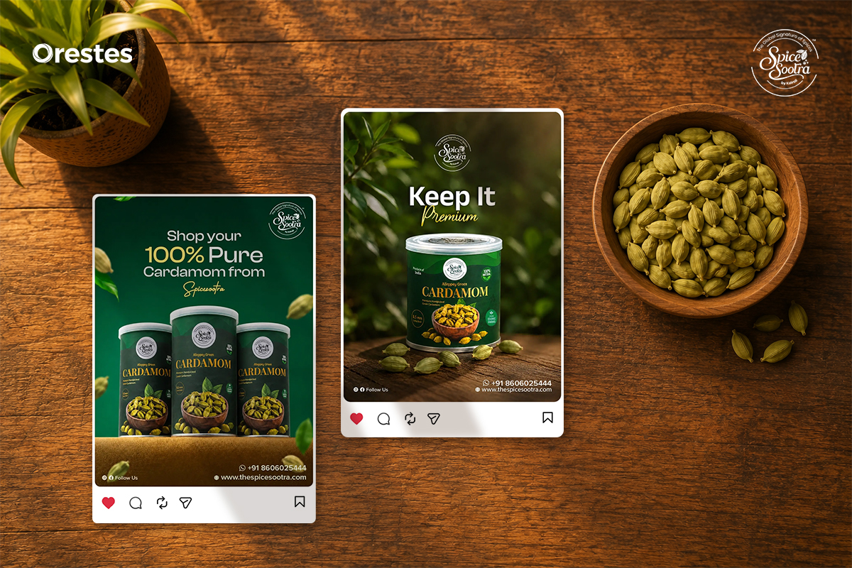 Spice Sootra premium cardamom social media designs displayed with cardamom pods on a wooden background