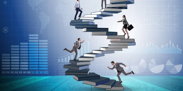 Professionals climbing a staircase made of books symbolizing growth, education, and success — concept by the best digital marketing company in Kerala for business development and branding.