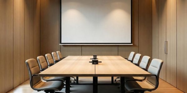 A modern conference room with a long wooden meeting table, comfortable chairs, and a large projector screen mounted on the wall.