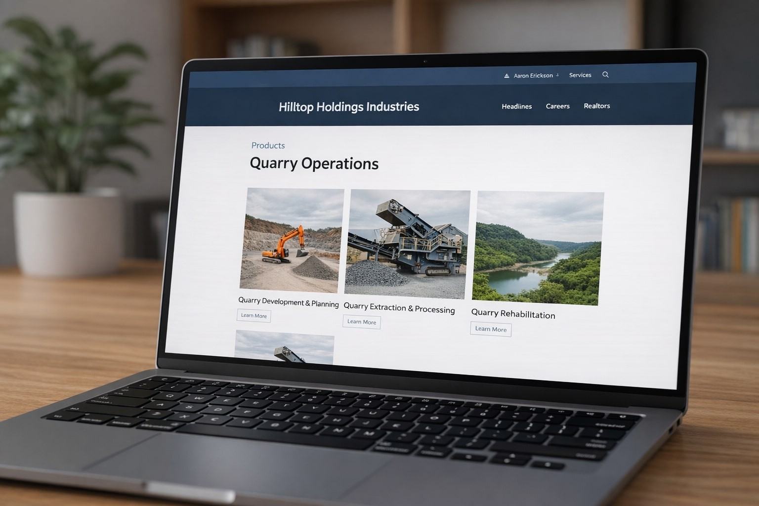 Quarry operations webpage on a laptop featuring quarry development, extraction, processing, and rehabilitation services