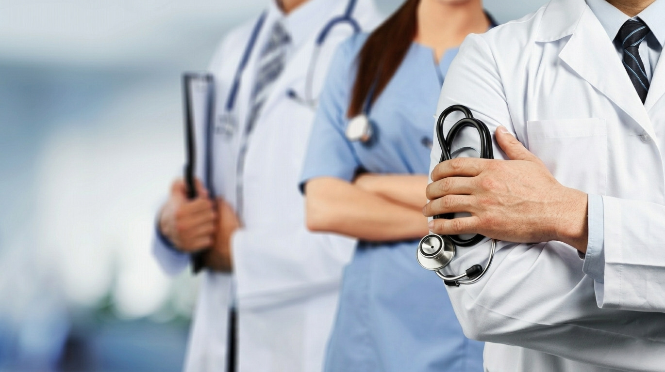 A team of three healthcare professionals — doctors and a nurse — standing confidently with stethoscopes and a clipboard, representing expert medical staff ready to deliver quality patient care.