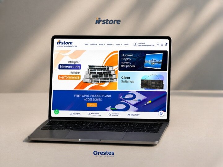 A perspective view of a laptop on a neutral-toned surface showcasing the ITStore web interface, including categories for Intelligent Networking and Cisco Switches.