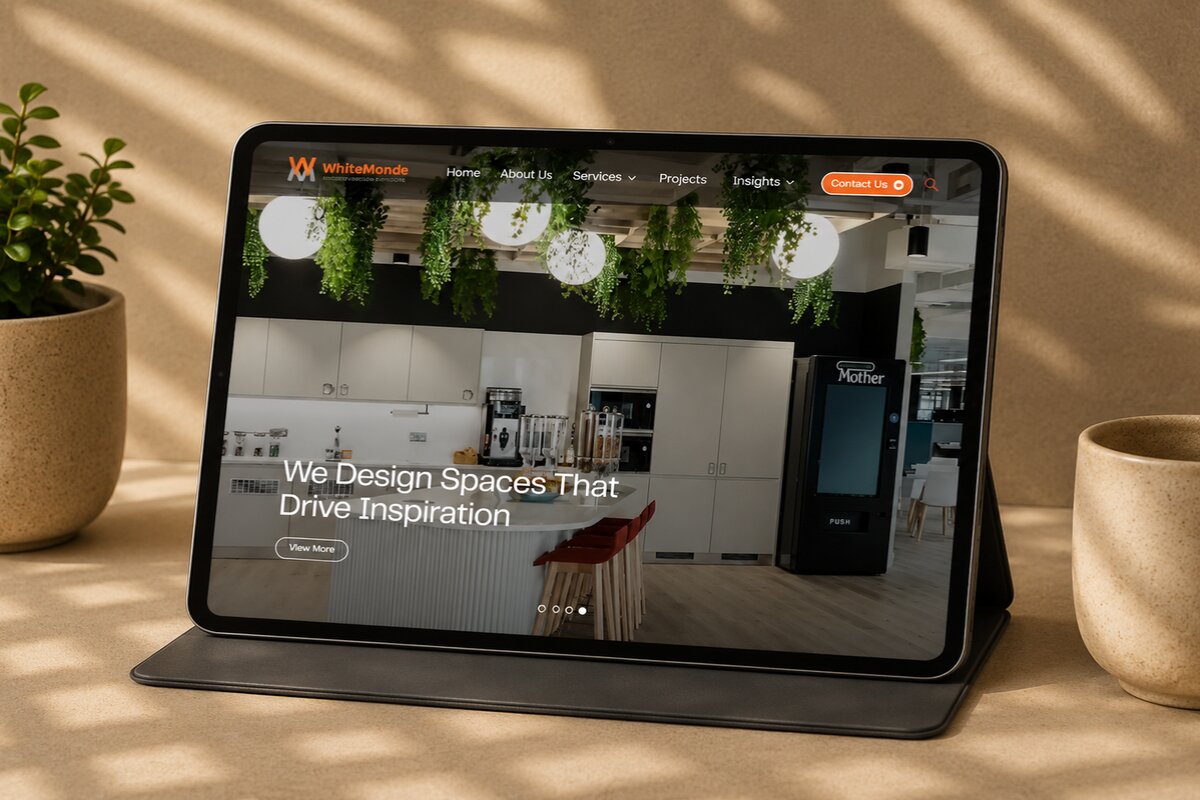 Tablet showcasing the responsive WhiteMonde website homepage with modern office interior design and commercial fit-out services.