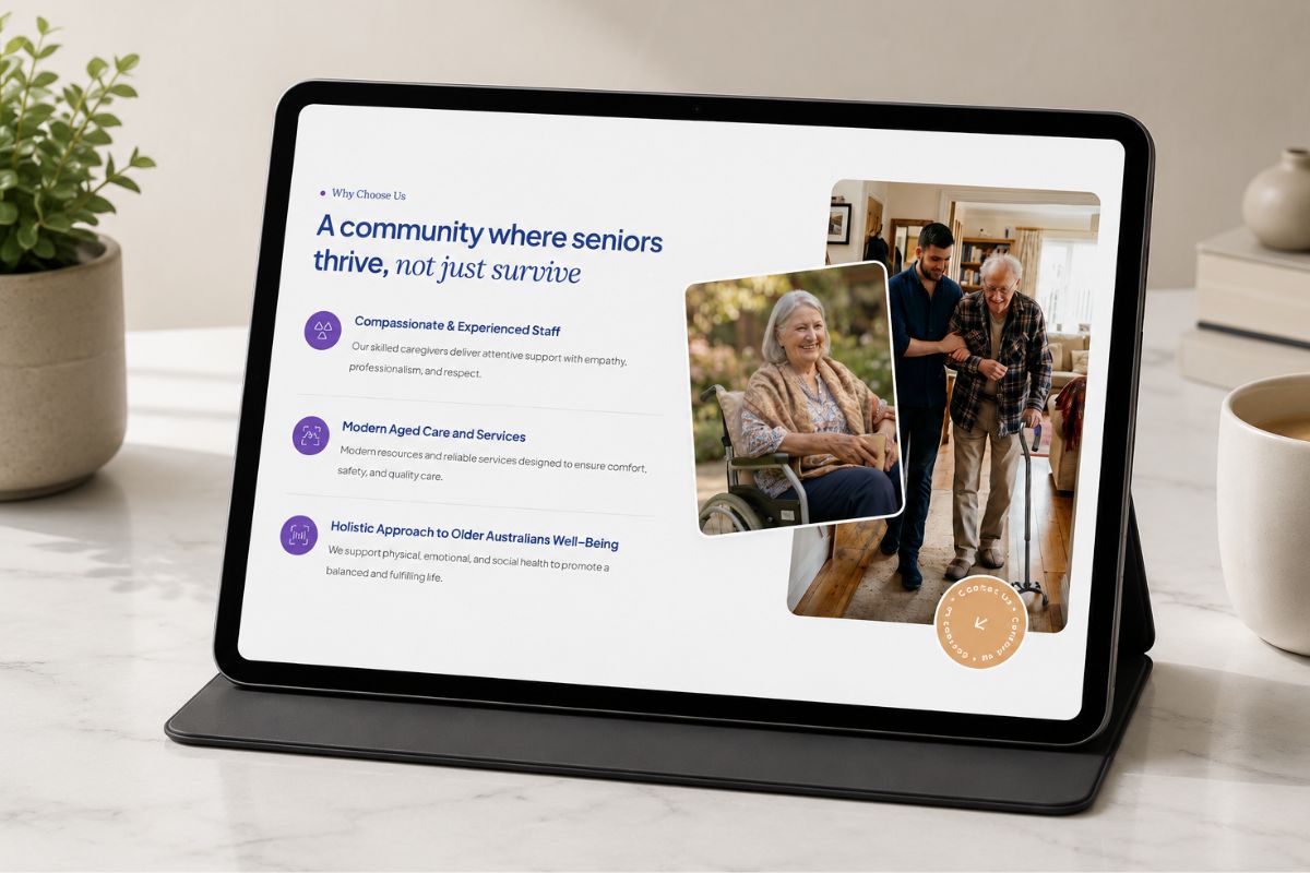 Tablet showcasing a senior care website with caregiver benefits, aged care services, compassionate support, and wellness-focused design.