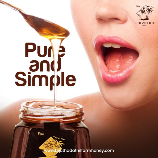 Product advertisement for Thadathil Farm Honey, featuring golden honey dripping from a spoon into a glass jar beside bold text reading "Pure and Simple."