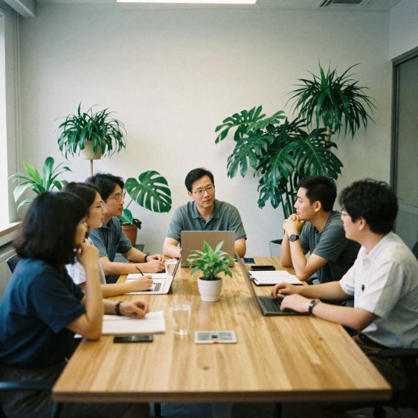 A group of professionals having a team meeting around a wooden table in a modern office with indoor plants.