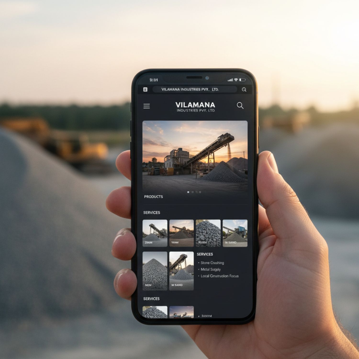 Mobile view of Vilamana Industries website showcasing stone aggregates and quarry products.