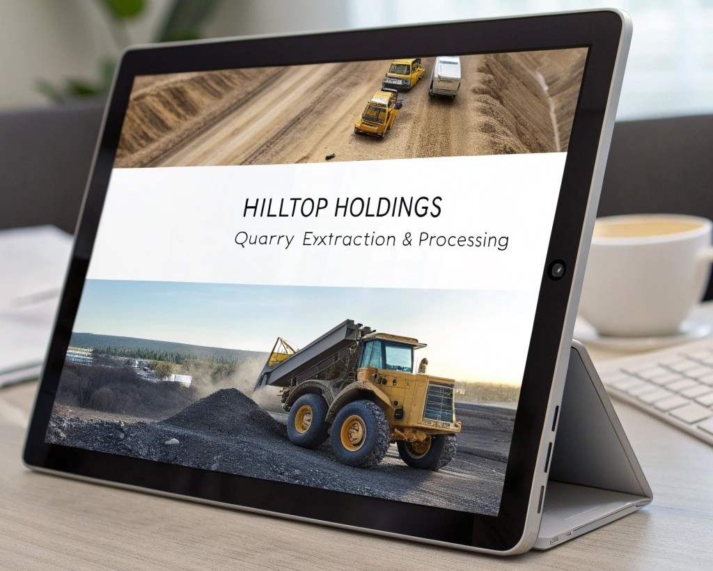 Hilltop Holdings quarry extraction and processing website displayed on a tablet, featuring heavy mining trucks operating at a quarry site