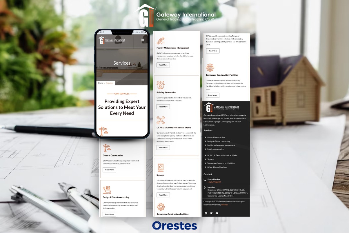 Multi-device mobile responsive website mockup showing service listing sections and a clean vertical navigation bar on a blurred workspace background.