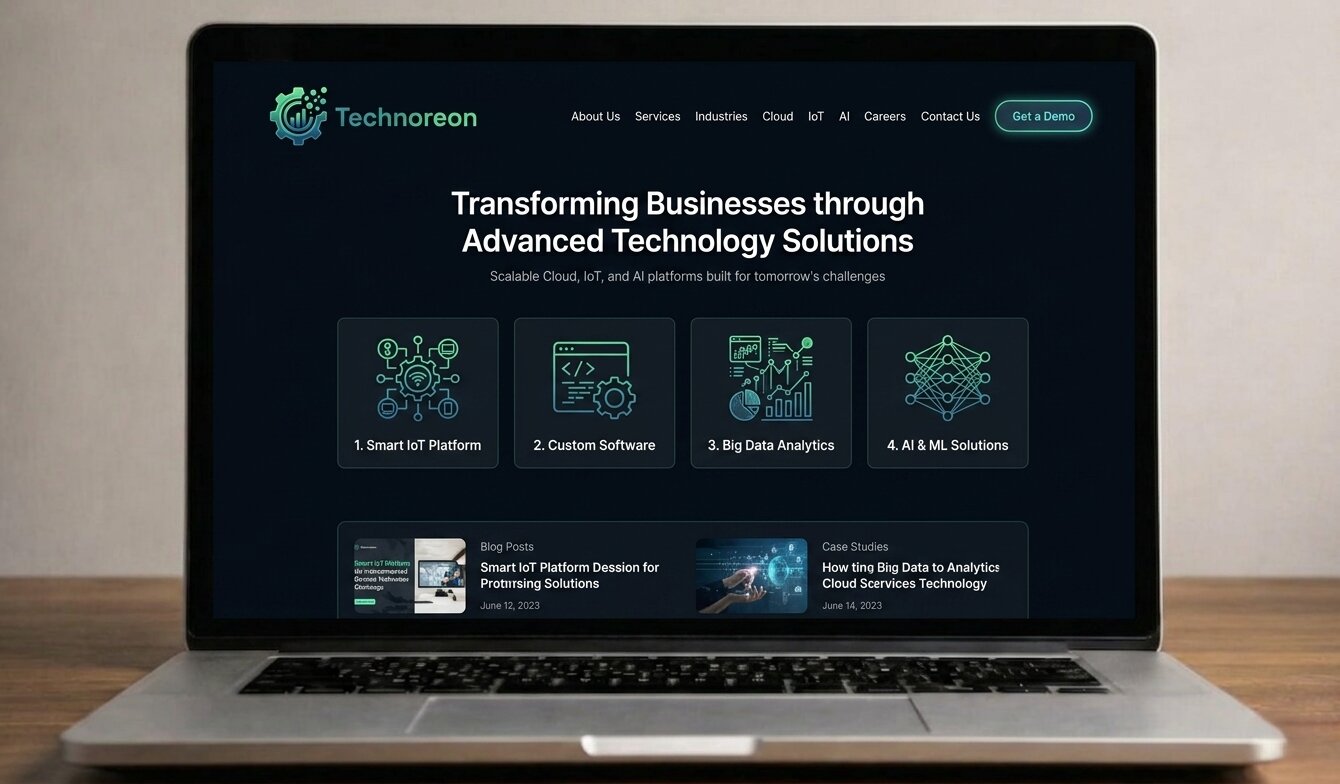 MacBook showing a dark-themed tech company homepage with IoT AI and data analytics web design made in Kerala