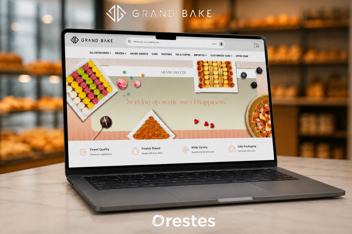 Grand Bake e-commerce website showing the "Grand Sweets" section on a slim laptop screen, set against a warm, blurred bakery interior with an Orestes Technologies logo is visible at the bottom.