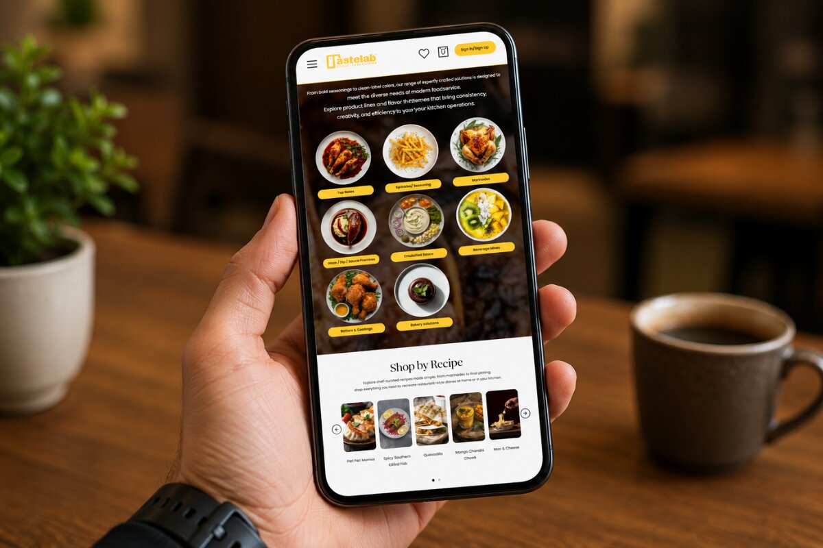 Smartphone displaying the Tastelab mobile website, featuring a product menu and shop-by-recipe options.