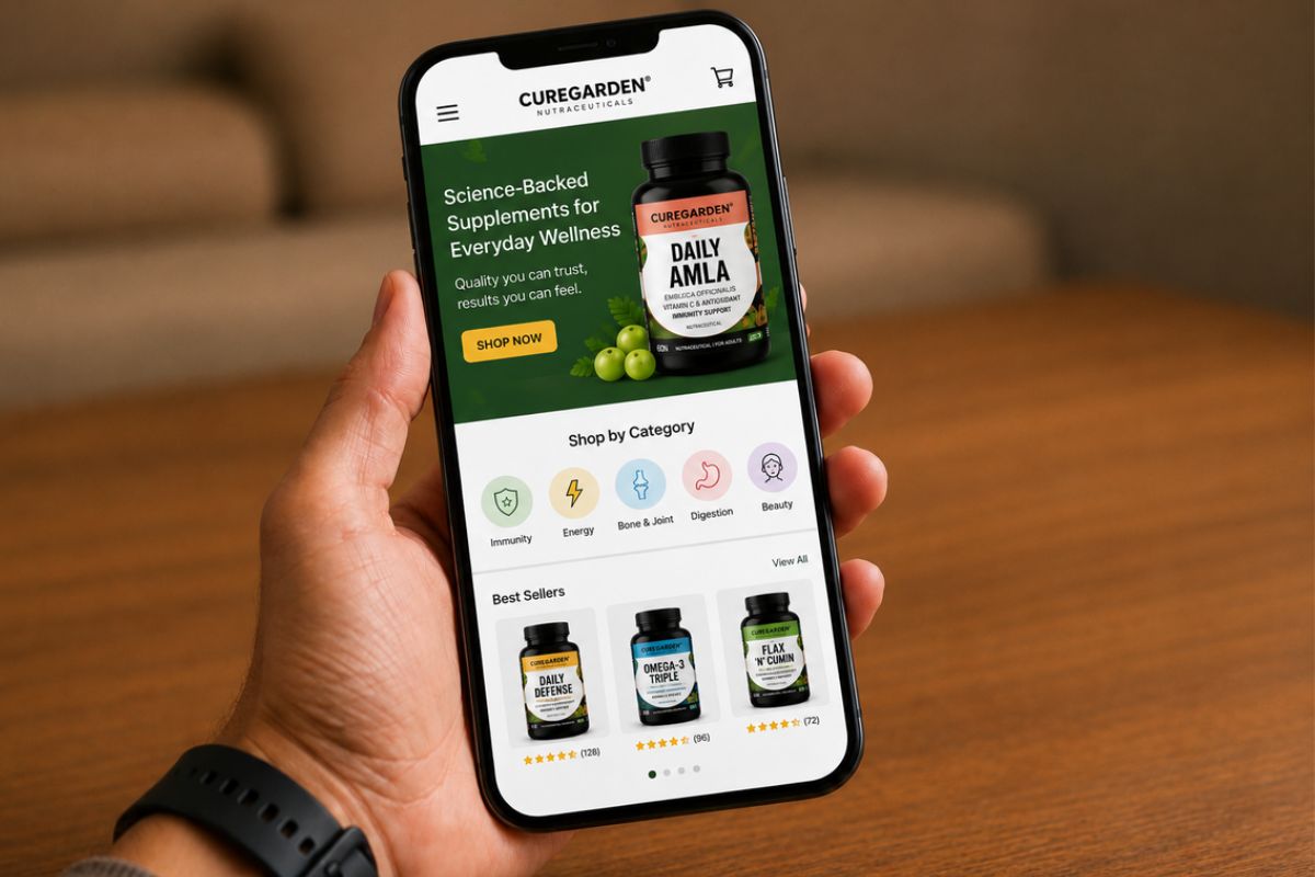 Smartphone screen showing the Curegarden Nutraceuticals mobile shop interface with categories for immunity, energy, and joint health supplements.