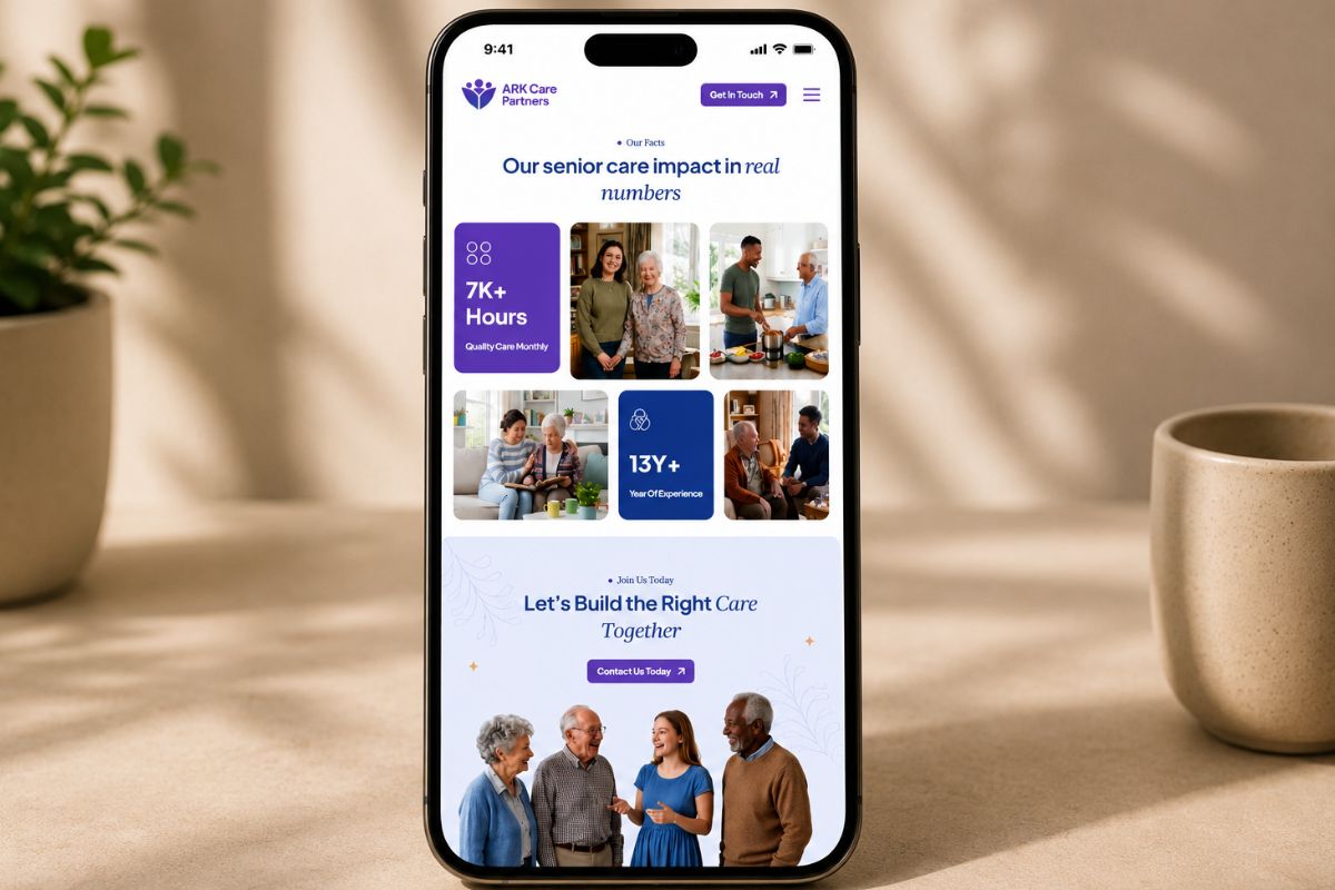 Mobile-friendly senior care website displaying service highlights, care statistics, caregiver information, and responsive user interface on a smartphone.