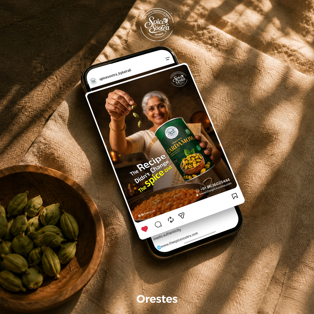 Spice Sootra cardamom social media advertisement displayed on a smartphone with fresh cardamom pods