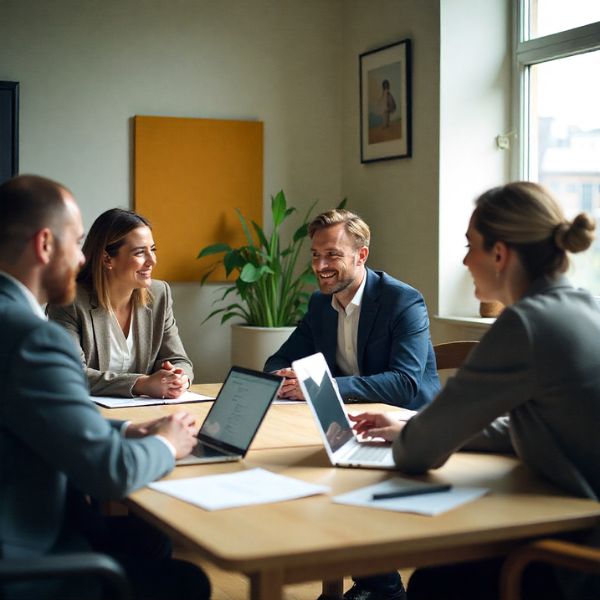 Business professionals sitting together and discussing strategy in a bright modern office with laptops and documents.
