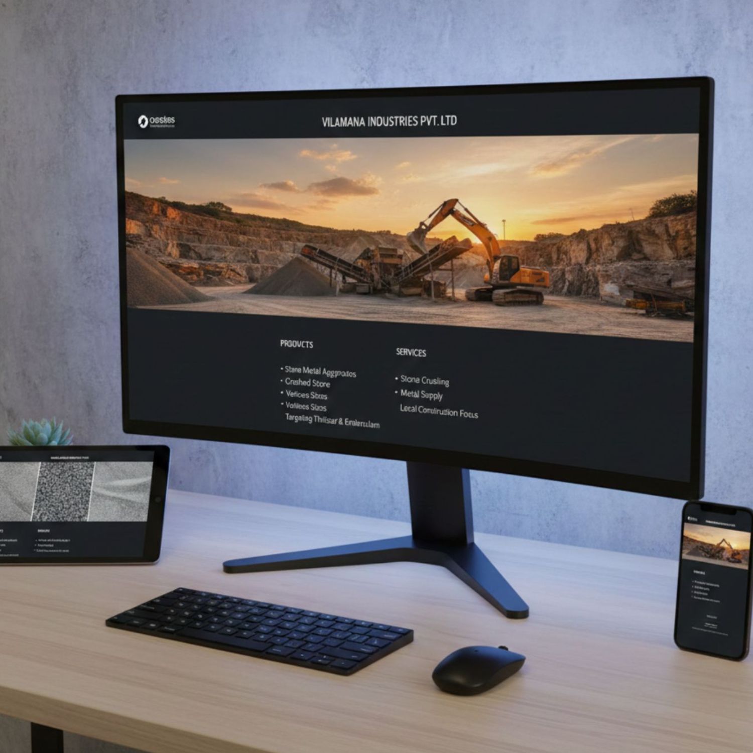 Vilamana Industries website displayed on desktop, tablet, and mobile showing stone aggregates and construction services.