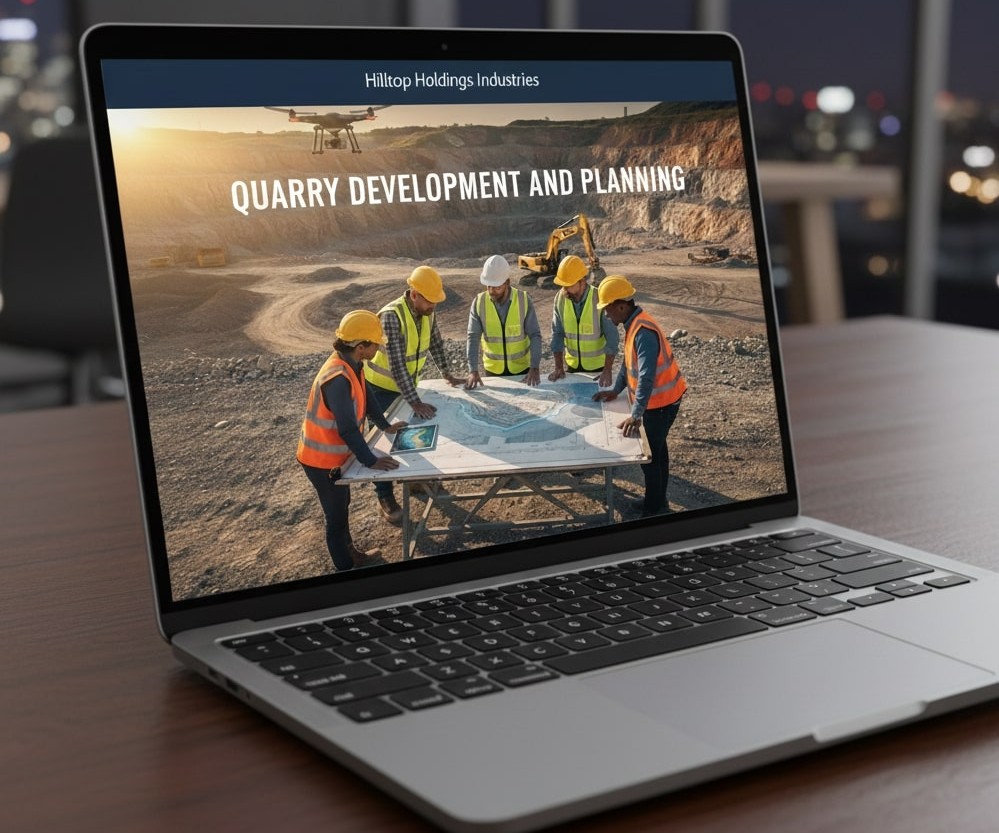 Quarry development and planning team reviewing site plans on a laptop at a mining location