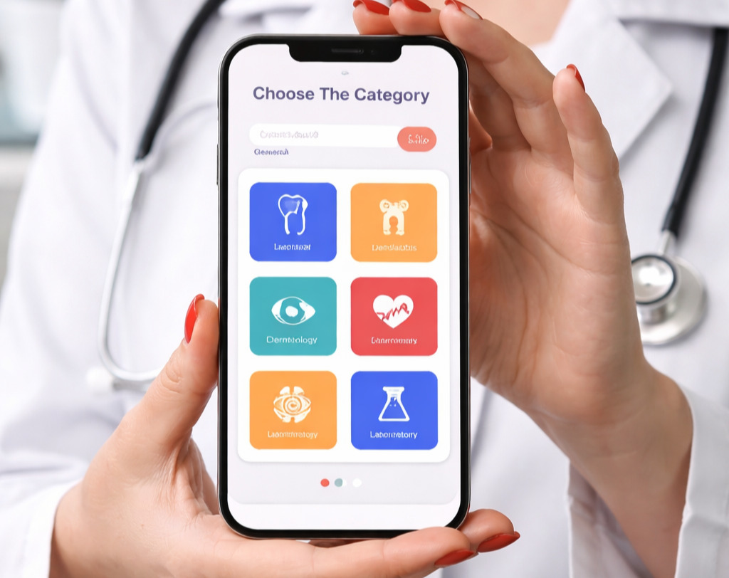 A doctor holding a smartphone displaying a medical specialty selection screen with categories such as Dentistry, Dermatology, Cardiology, and Laboratory — illustrating an intuitive doctor booking and healthcare app interface.