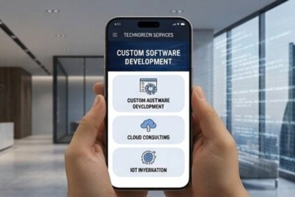 Mobile app screen showing custom software development services designed by a web design company in Kerala