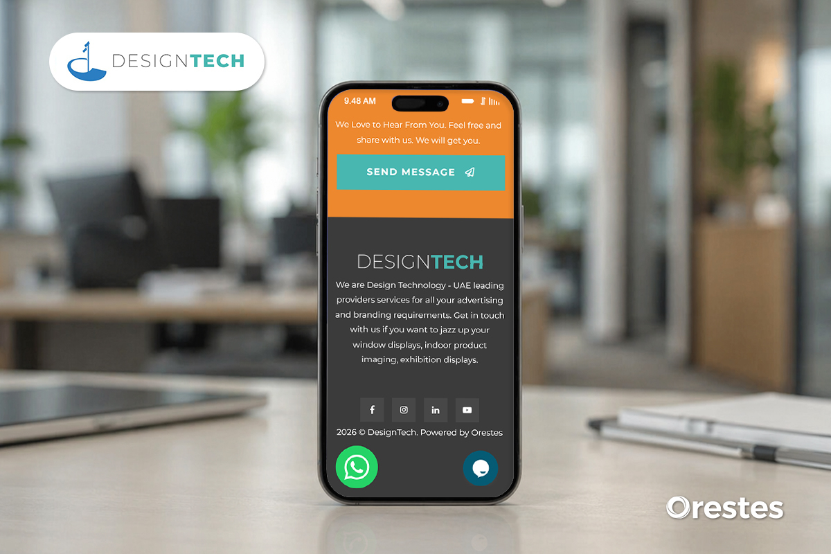 A smartphone screen showing the footer and contact section of the DesignTech website. It features a bright orange "Send Message" button, a dark grey "About" section, social media icons, and floating WhatsApp and chat widgets at the bottom.