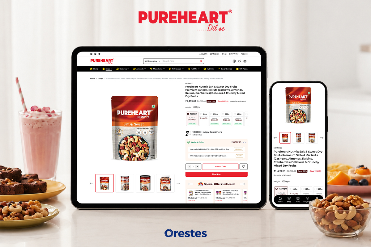 Responsive UI UX design mockup for Pureheart showing the product detail page on a tablet and a mobile smartphone side-by-side on a countertop.