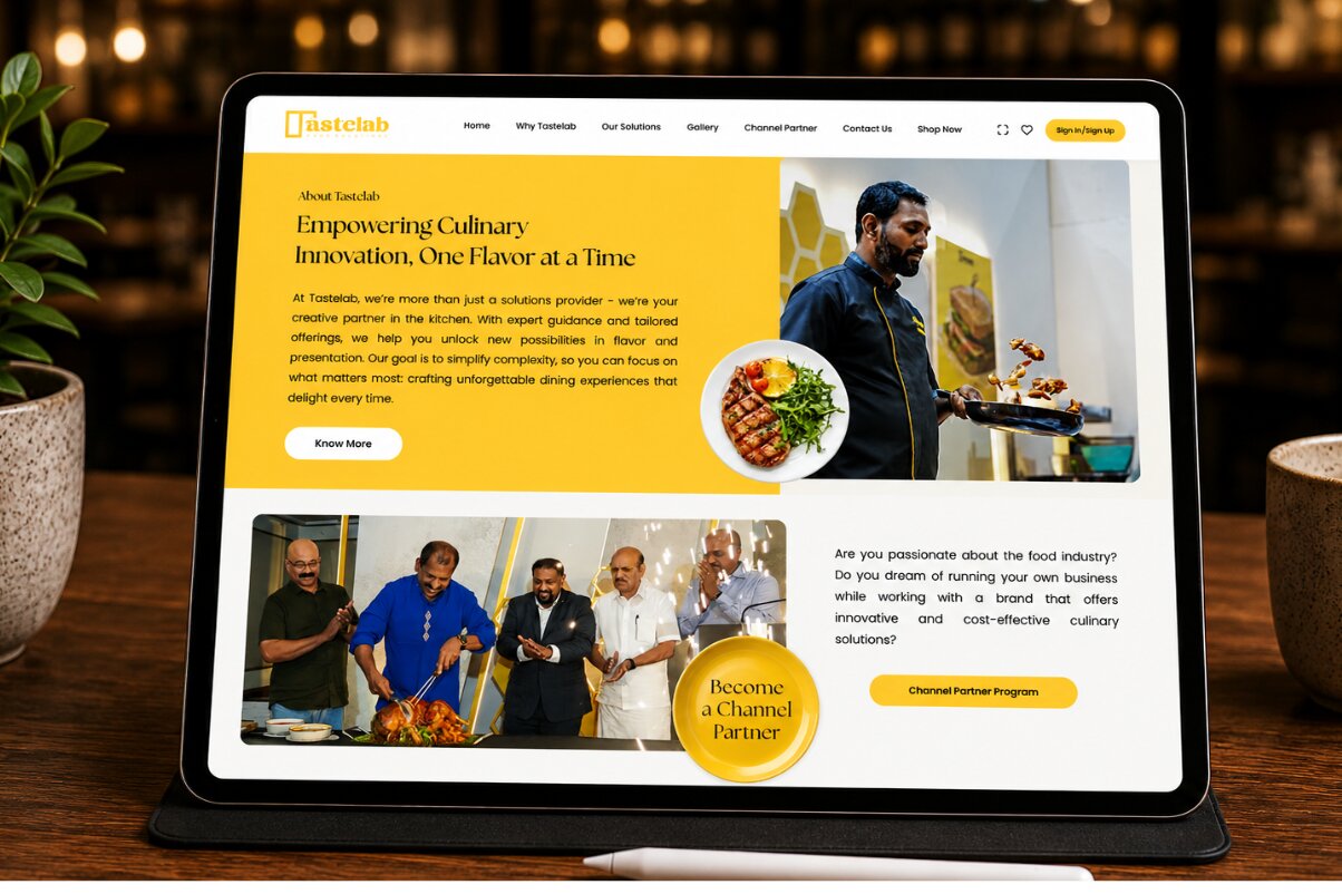 Tablet showing the Tastelab "About" page, including a call to action for the Channel Partner Program.