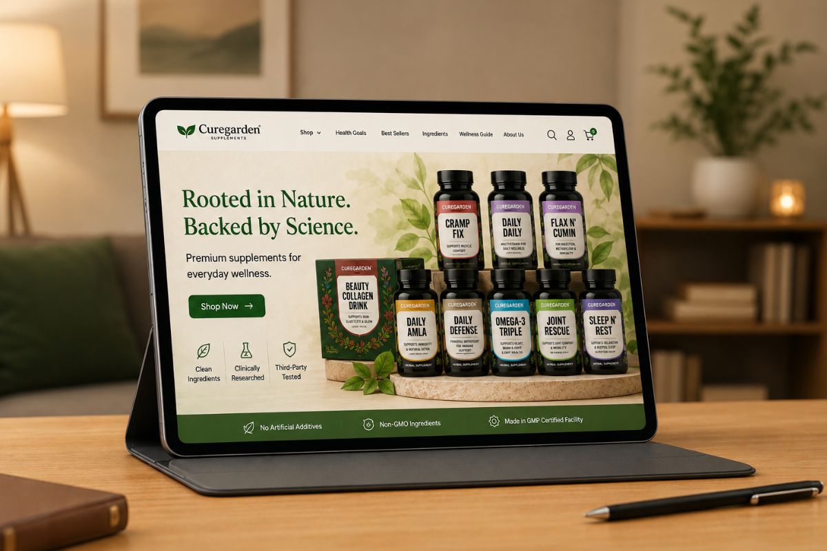 A tablet device displaying the Curegarden Supplements website with a featured selection of premium wellness products, including Beauty Collagen Drink.