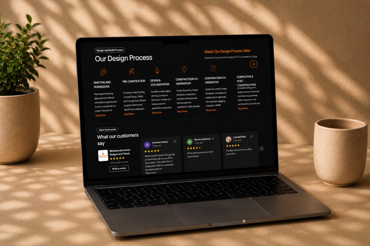 Laptop displaying the WhiteMonde design process page with project workflow, client testimonials, and commercial interior fit-out services.