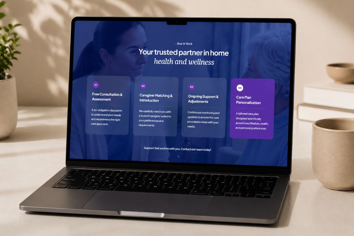 Laptop displaying a senior care website explaining the care process, including consultation, caregiver matching, ongoing support, and personalized care planning.