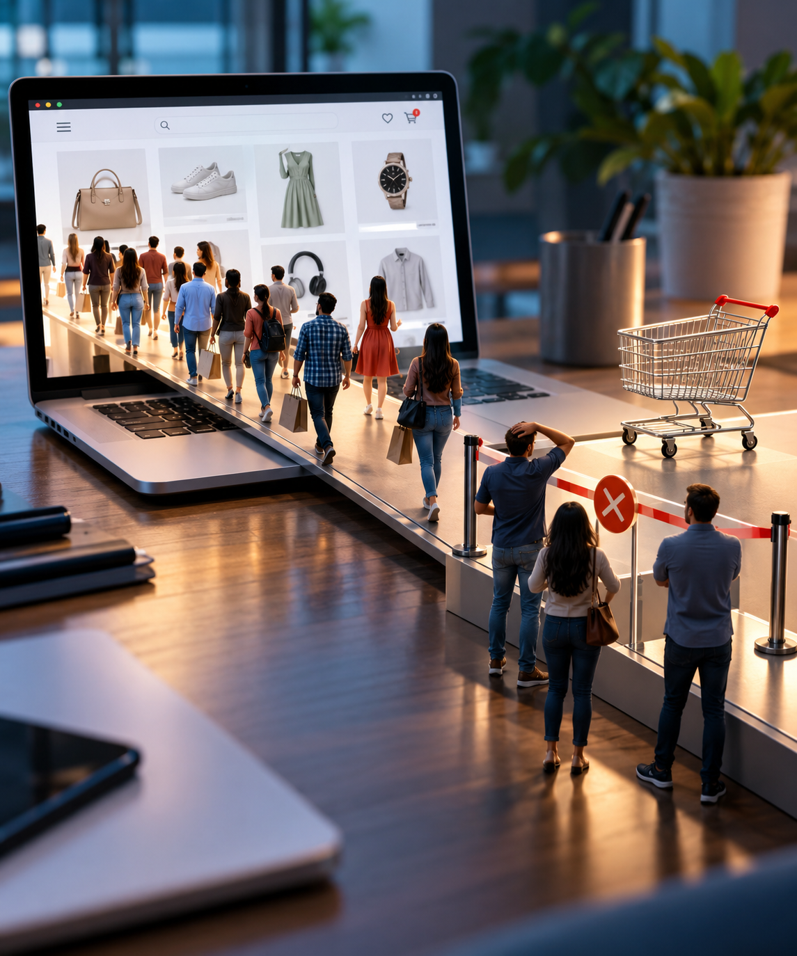 Photorealistic e-commerce website attracting many visitors but few purchases, with shoppers blocked before checkout and an empty shopping cart.