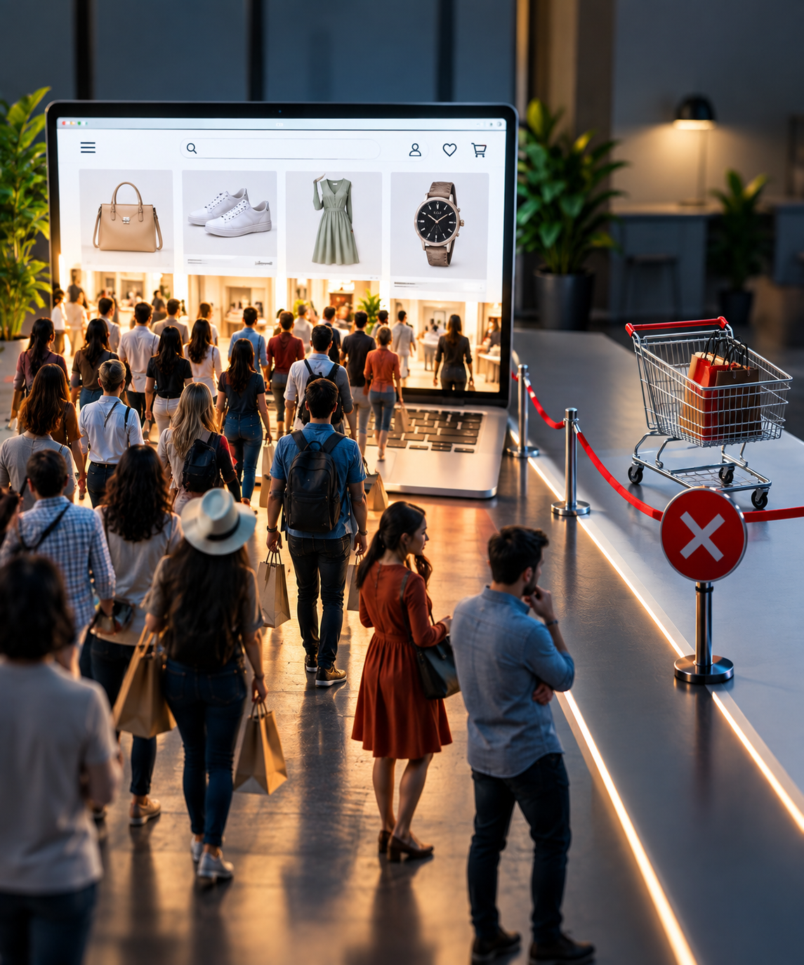 E-commerce website attracting many shoppers while an empty checkout lane and abandoned shopping cart highlight low purchase conversions.